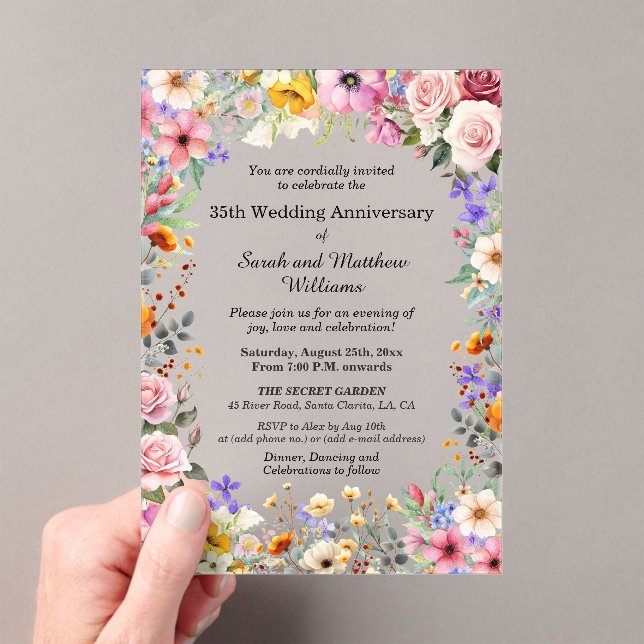 Chic Garden Flowers 35th Wedding Anniversary Acrylic Invitations (Insitu (Handheld))