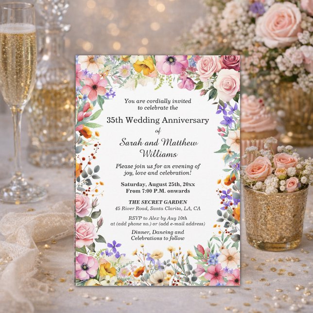 Chic Garden Flowers 35th Wedding Anniversary Invitation (Creator Uploaded)
