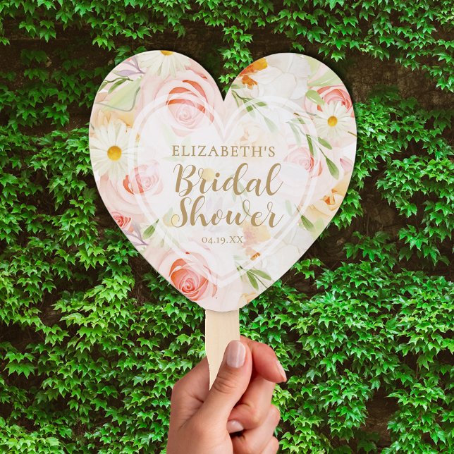 Chic Garden Flowers Bridal Shower Hand Fan (Chic garden flowers bridal shower heart shaped hand fan, Assembled or non-assembled DIY)
