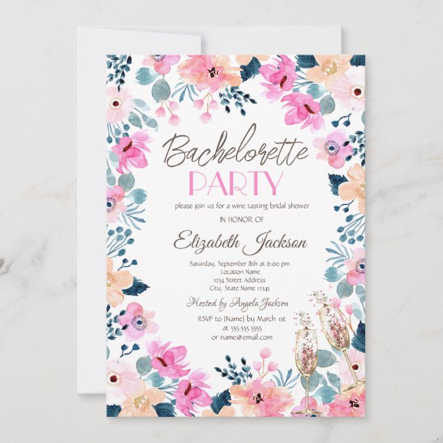 Chic Garden Pink Flowers  Bachelorette   Invitation (Front)