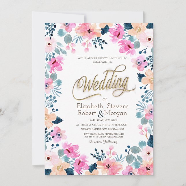 Chic Garden Pink Flowers Wedding  Invitation (Front)