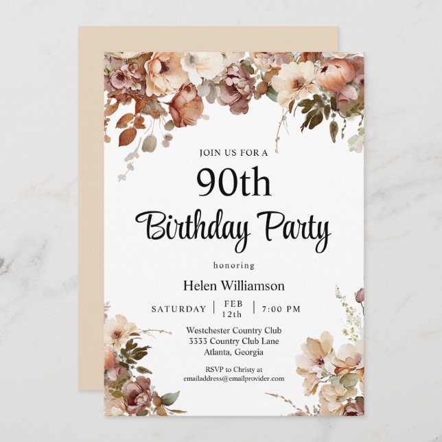Chic Garden Watercolor Pink Floral 90th Birthday Invitation (Front/Back)