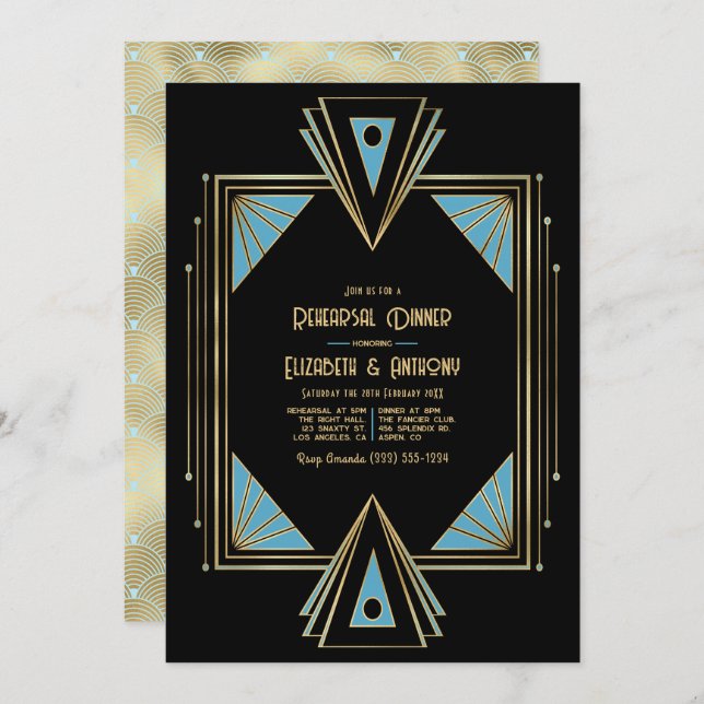 Chic Gatsby Art Deco Blue & Gold Rehearsal Dinner Invitation (Front/Back)