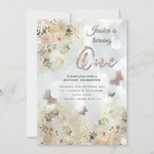 Chic gentle Butterfly floral garden 1st birthday Invitation