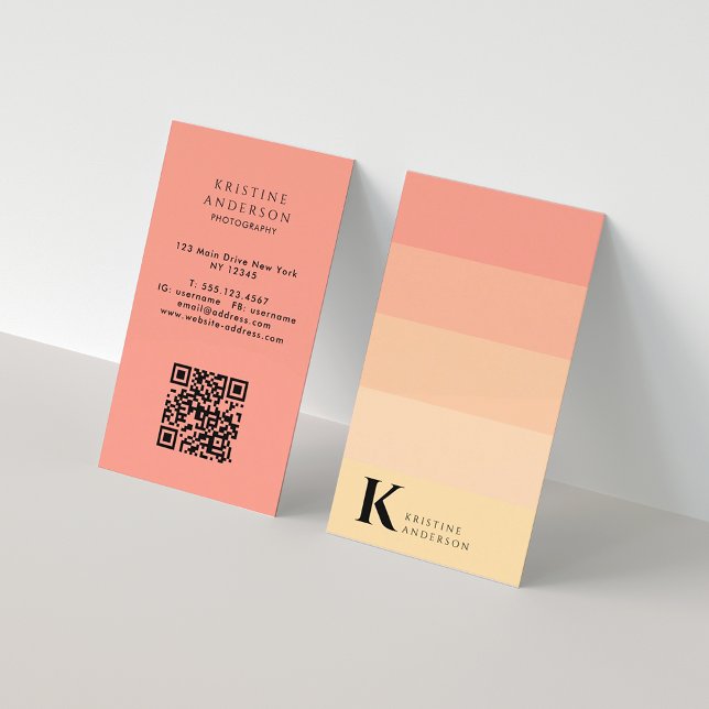 Chic Gentle Peach Ombre Classic Monogram QR Code Business Card (Creator Uploaded)