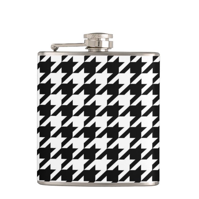 chic geometric black and white houndstooth pattern hip flask (Front)