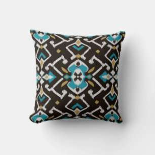 Chic geometric black teal ikat tribal pattern cushion