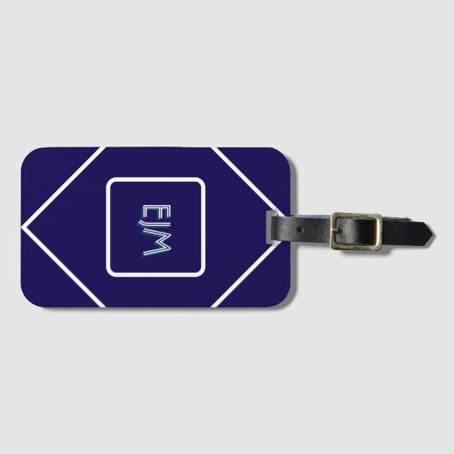 Chic Geometric Blue and White Monogrammed Luggage Tag (Front Horizontal)