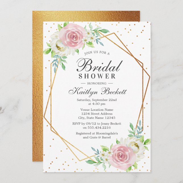 Chic Geometric Gold Foil Floral Bridal Shower Invitation (Front/Back)