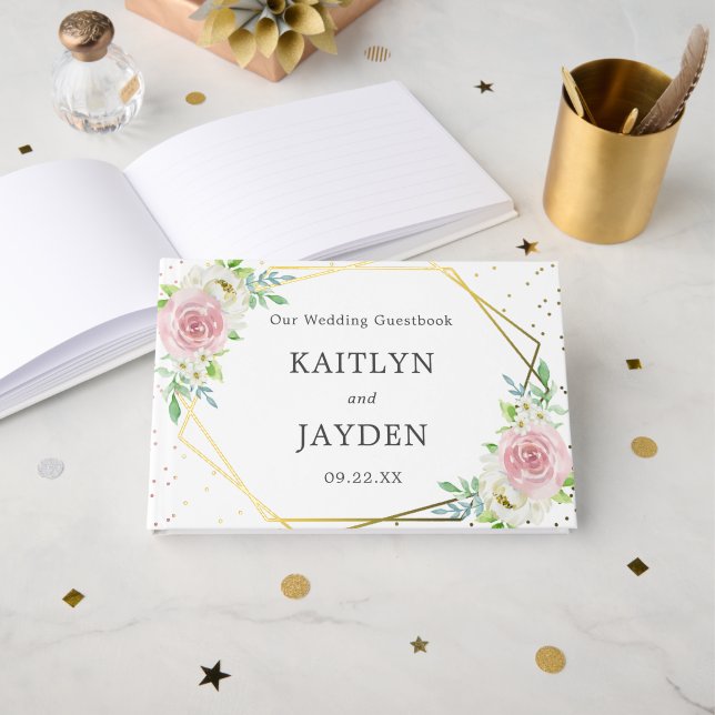 Chic Geometric Gold Foil Floral Wedding Guest Book (Front Open)