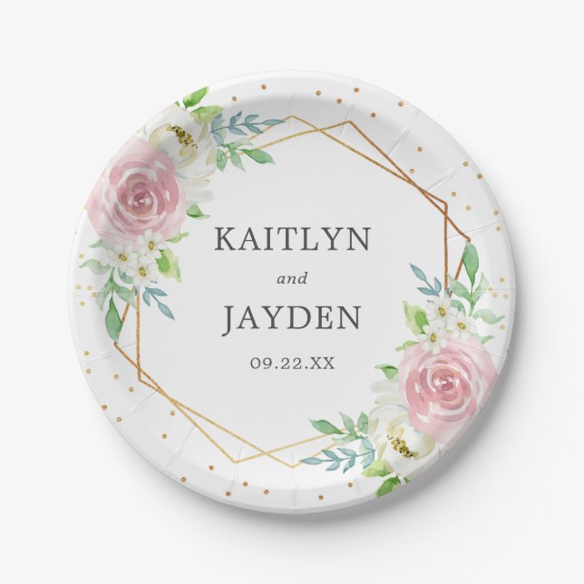 Chic Geometric Gold Foil Floral Wedding Paper Plate (Front)