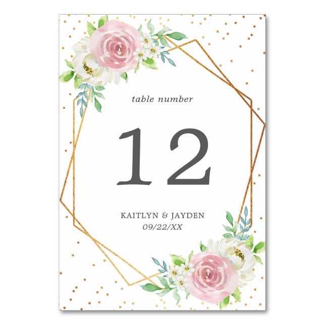 Chic Geometric Gold Foil Floral Wedding Table Number (Front)
