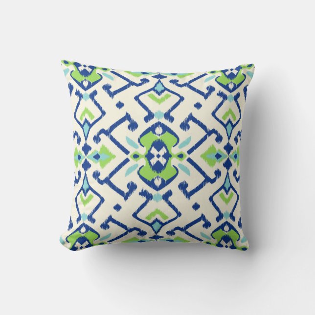Chic geometric green blue ikat tribal pattern cushion (Front)