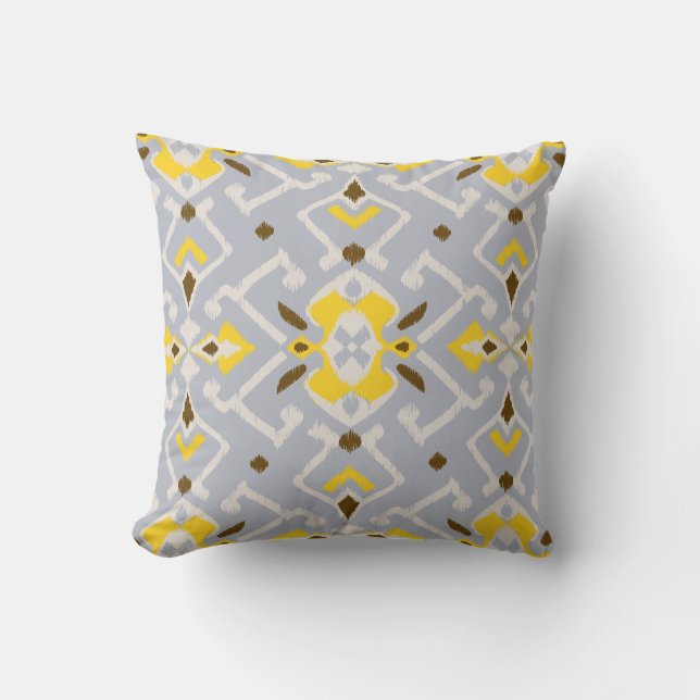 Chic geometric grey yellow ikat tribal pattern cushion (Front)