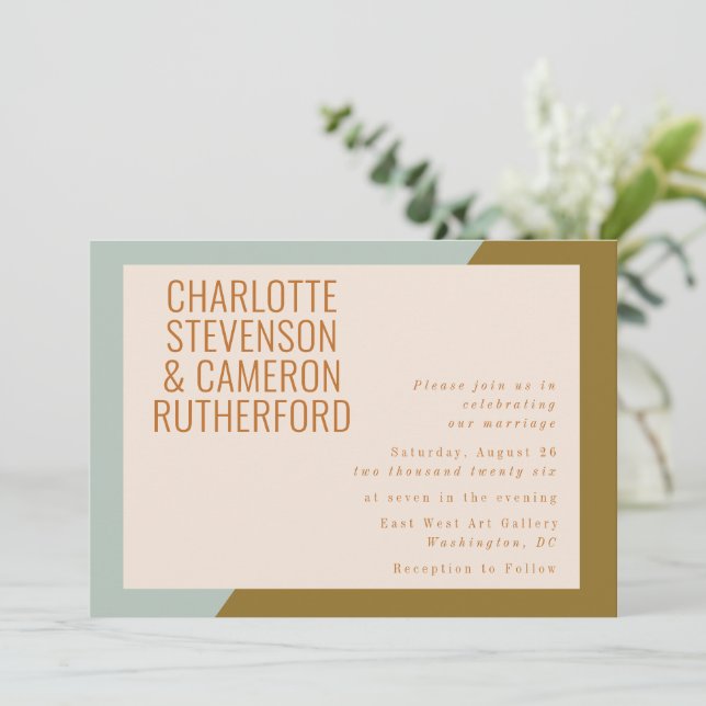Chic Geometric Light Blue and Olive Wedding  Invitation (Standing Front)