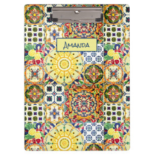 Chic geometric Mediterranean orange tiles monogram Clipboard