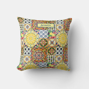 Chic geometric Mediterranean orange tiles monogram Cushion