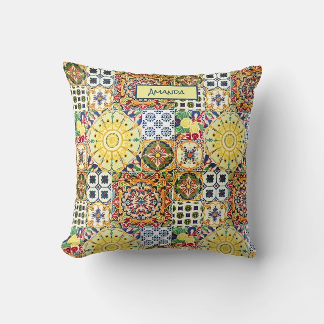 Chic geometric Mediterranean orange tiles monogram Cushion (Front)