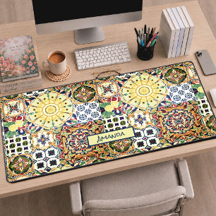 Chic geometric Mediterranean orange tiles monogram Desk Mat