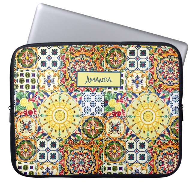 Chic geometric Mediterranean orange tiles monogram Laptop Sleeve (Front)