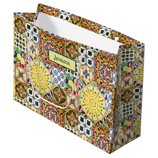 Chic geometric Mediterranean orange tiles monogram Large Gift Bag (Front Angled)