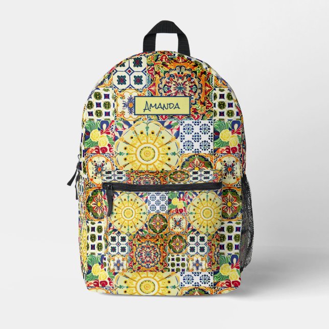 Chic geometric Mediterranean orange tiles monogram Printed Backpack (Front)