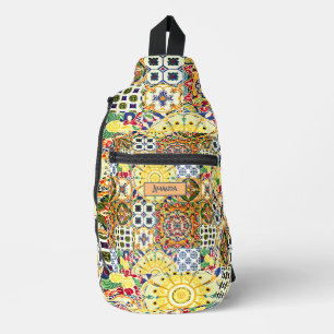 Chic geometric Mediterranean orange tiles monogram Sling Bag