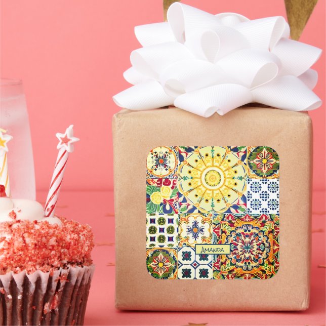 Chic geometric Mediterranean orange tiles monogram Square Sticker (Party)