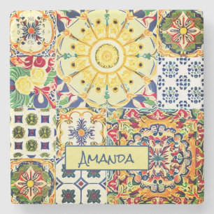 Chic geometric Mediterranean orange tiles monogram Stone Coaster