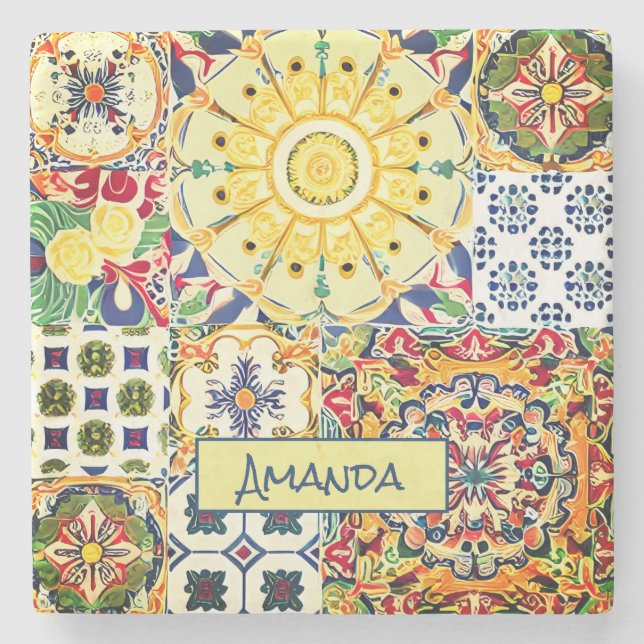 Chic geometric Mediterranean orange tiles monogram Stone Coaster (Front)