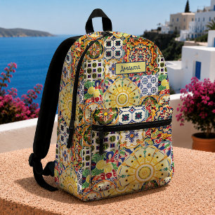 Chic Geometric Orange Mediterranean Tile Monogram Printed Backpack
