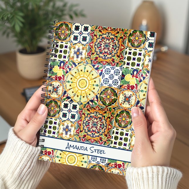 Chic Geometric Orange Mediterranean Tiles Monogram Notebook (Creator Uploaded)