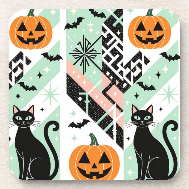 Chic Geometric Pastel Black Cat Pumpkin Halloween Coaster (Front)
