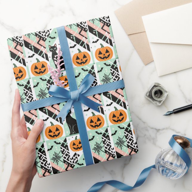 Chic Geometric Pastel Black Cat Pumpkin Halloween Wrapping Paper (Gifting)