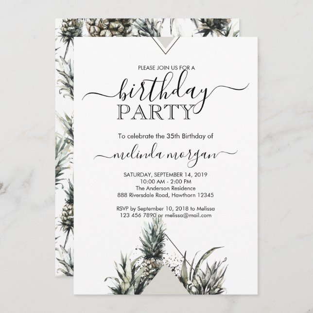 Chic Geometric Pinapple tropical adult birthday Invitation (Front/Back)