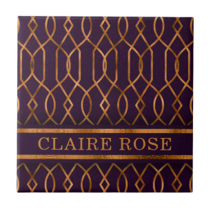 Chic Geometric Purple Gold Lattice Pattern Ceramic Tile