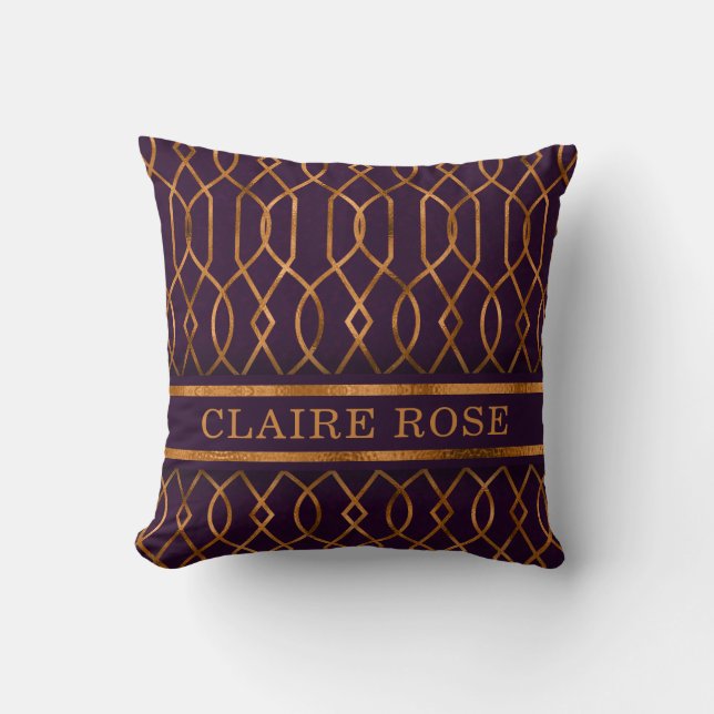 Chic Geometric Purple Gold Lattice Pattern Cushion (Front)