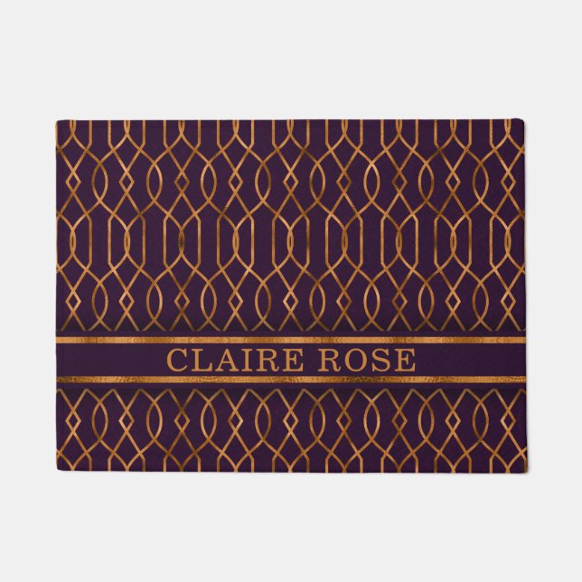 Chic Geometric Purple Gold Lattice Pattern Doormat (Front)