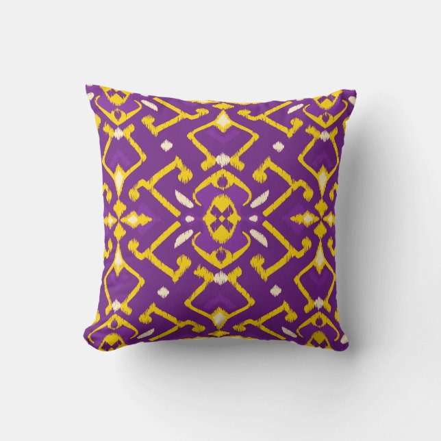 Chic geometric purple yellow ikat tribal pattern cushion (Front)