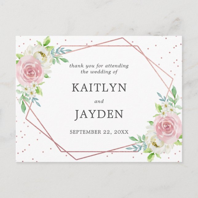 Chic Geometric Rose Gold Foil Floral Wedding Postcard (Front)