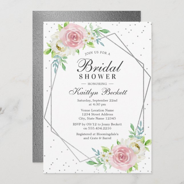 Chic Geometric Silver Foil Floral Bridal Shower Invitation (Front/Back)