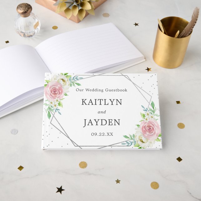 Chic Geometric Silver Foil Floral Wedding Guest Book (Front Open)