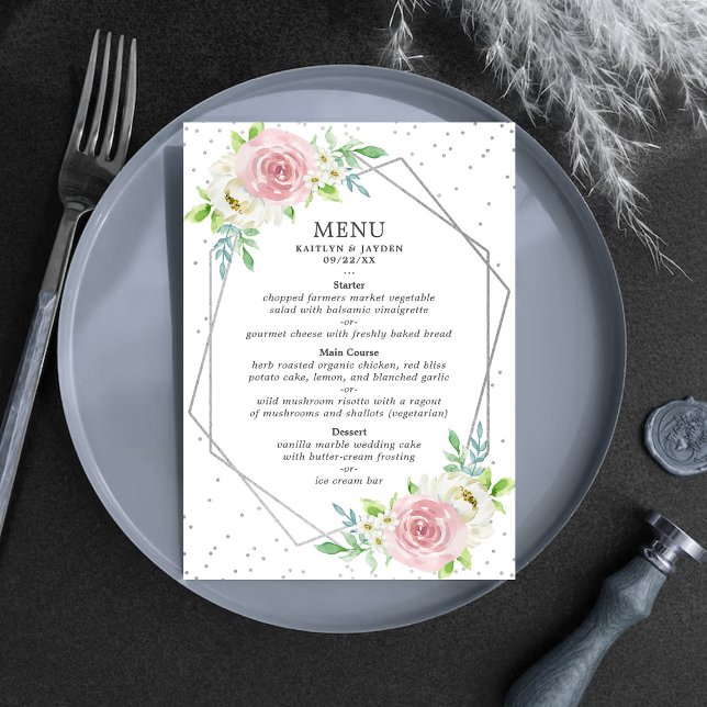 Chic Geometric Silver Foil Floral Wedding Menu (Creator Uploaded)