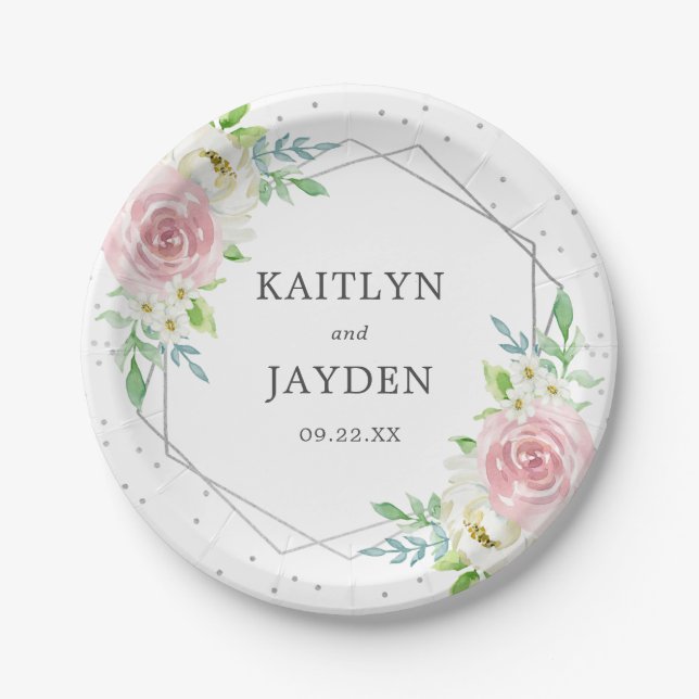Chic Geometric Silver Foil Floral Wedding Paper Plate (Front)