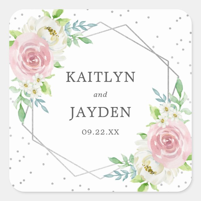 Chic Geometric Silver Foil Floral Wedding Square Sticker (Front)