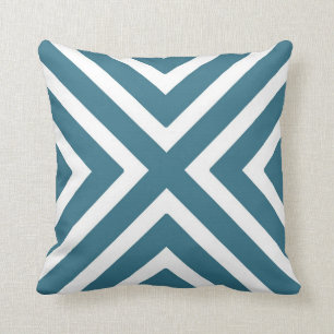 Chic Geometric Stripes in Teal Blue and White Cushion