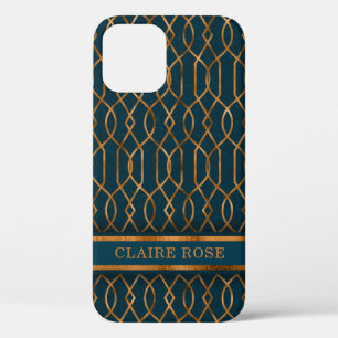 Chic Geometric Teal Gold Lattice Pattern iPhone 12 Case