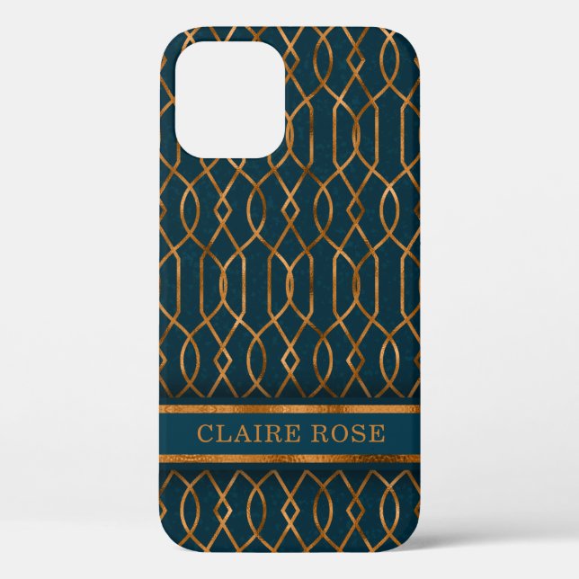Chic Geometric Teal Gold Lattice Pattern Case-Mate iPhone Case (Back)