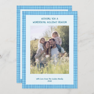 Chic Gingham Christmas Blue Custom 5 Photo  Holiday Card