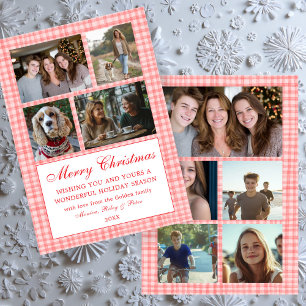 Chic Gingham Christmas Custom 9 Photo Collage Pink Holiday Card